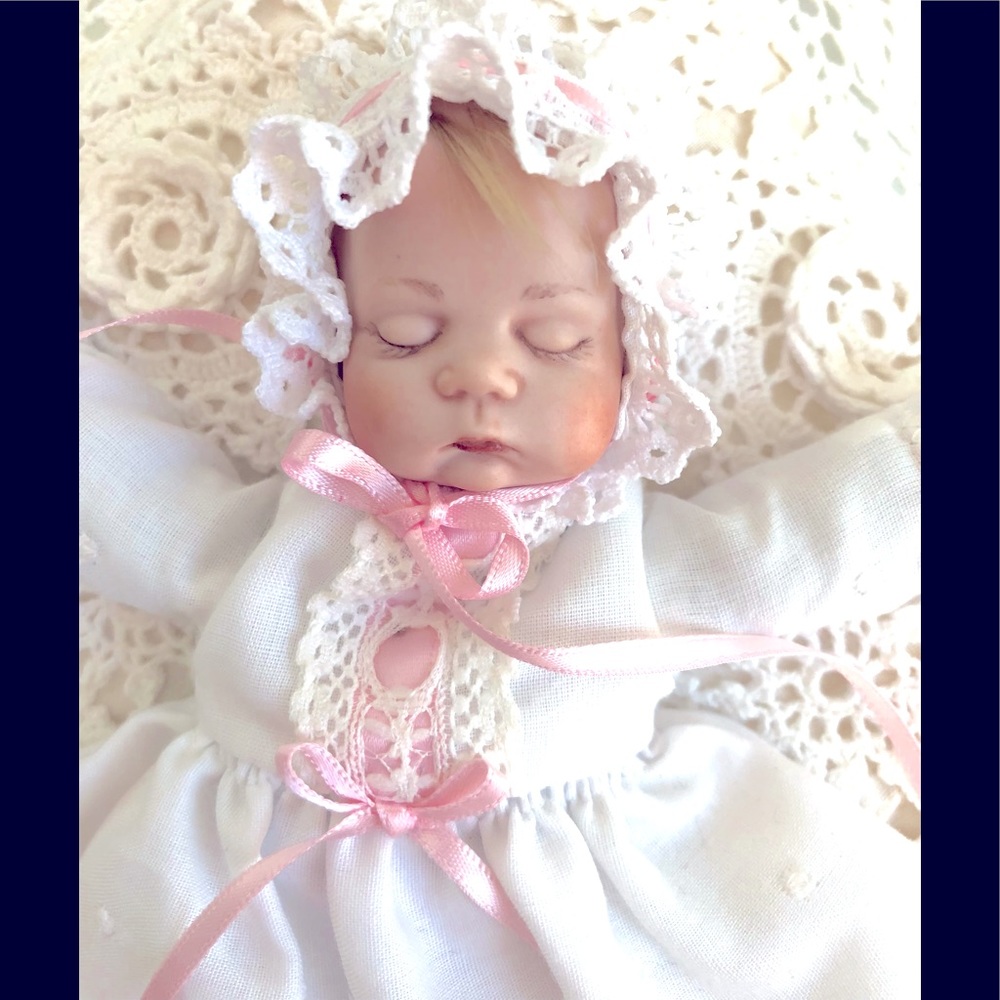 Boots Tyner bisque porcelain mini sugar britches And christening outfit.6 x 7"